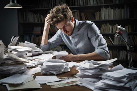 Un autore seduto alla sua scrivania, con una pila di libri e un laptop aperto, con un'espressione pensierosa e un po' affaticata