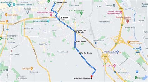 Mappa del percorso che collega Milano (Porta Romana) all'Abbazia di Chiaravalle attraverso il Parco della Vettabbia