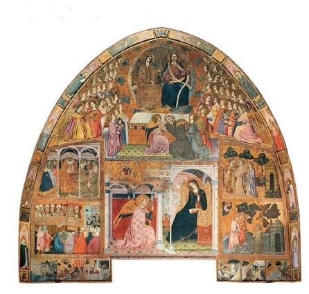 Schema iconografico del retablo di Ilario da Viterbo con la scena della concessione dell'indulgenza