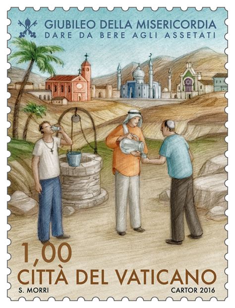 Illustrazione di persone che compiono atti di misericordia (dar da mangiare, vestire, visitare)