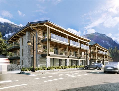 Rendering del complesso residenziale Campiglio WOOD integrato nel paesaggio alpino