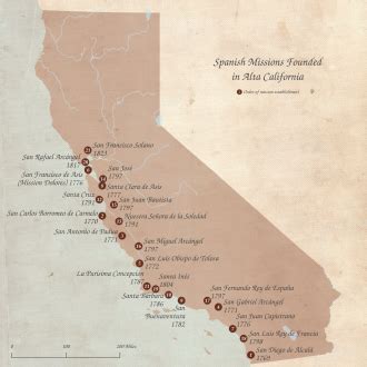 Mappa storica delle missioni francescane in California