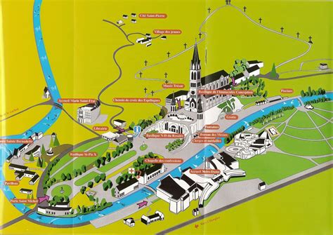 A detailed map of the Sanctuary of Lourdes showing key spiritual paths