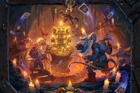 illustrazione tematica di Hearthstone: Coboldi e Catacombe con tesori, coboldi e avventurieri