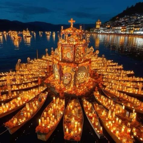 fotografia dei pescatori di Janitzio con le barche illuminate durante il Día de Muertos