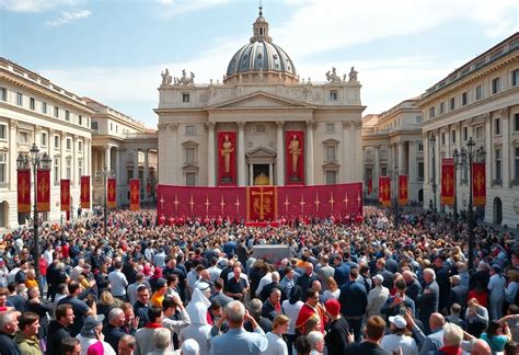 Thematic photo of St. Peter's Square during a canonization ceremony with a focus on a large crowd and the Pope.
