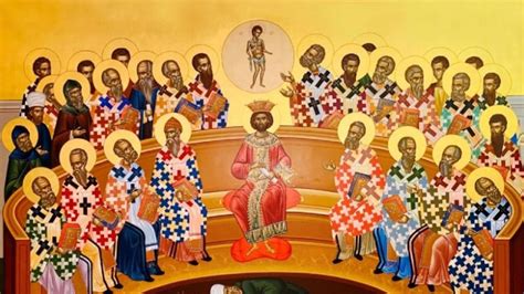 Icona storica o illustrazione del Concilio di Nicea con i Vescovi riuniti