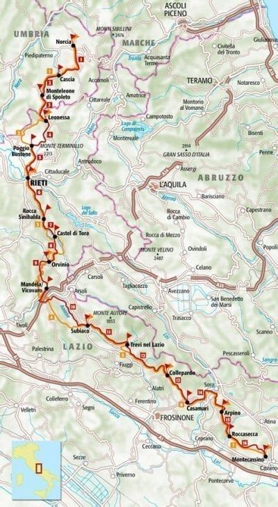 Mappa del percorso di San Benedetto da Norcia a Montecassino