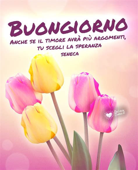 Immagine di tulipani e fiori di ciliegio rosa con messaggio di buongiorno e benedizione