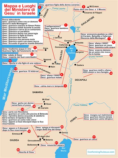 Mappa schematica con le località bibliche del ministero di Gesù numerate