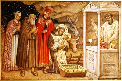 illustrazione di San Francesco d'Assisi che allestisce il primo presepe a Greccio