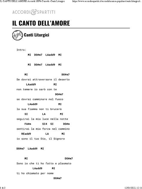 Spartito di un canto cristiano con accordi per chitarra