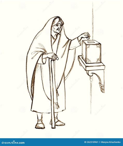 illustrazione di una vedova anziana in preghiera, stile biblico