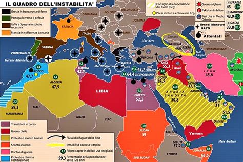 Mappa geopolitica con evidenziate le aree di crisi menzionate