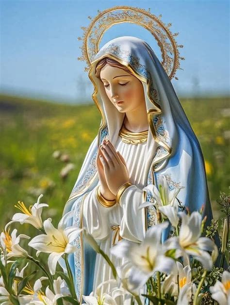 Foto del simulacro della Vergine della Difesa: la Madonna indossa una veste rossa damascata e un manto azzurro con bordo ricamato in oro, accompagnata da un angelo con veste rossa, lorica azzurra e ali dorate.