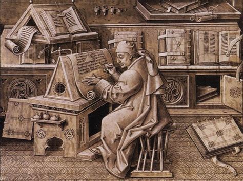 Ritratto ideale o miniatura d'epoca rappresentante un copista o libraio rinascimentale al lavoro nello scriptorium.
