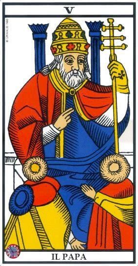 Illustrazione classica del Papa dei Tarocchi con tiara, pastorale e due accoliti
