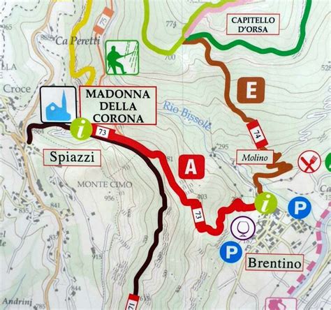 Mappa del sentiero pedonale che collega Spiazzi al Santuario della Madonna della Corona, evidenziando i punti panoramici