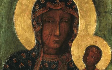 The Black Madonna of Częstochowa icon, showing the dark face of Mary and Jesus, with the two scars on Mary's cheek.