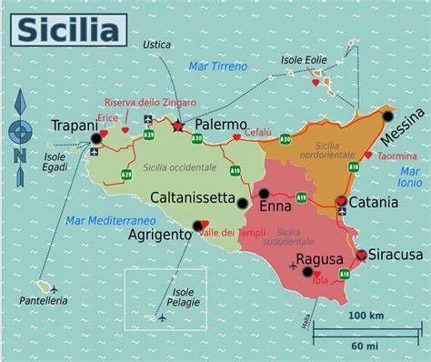 Mappa storica della Sicilia di fine XIX secolo con indicazione dei centri di formazione di Sturzo: Acireale, Noto e Caltagirone.