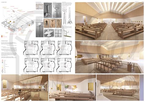 Render 3D del progetto vincitore per la nuova parrocchia di Velletri, evidenziando l'aula liturgica circolare e l'effetto sospeso