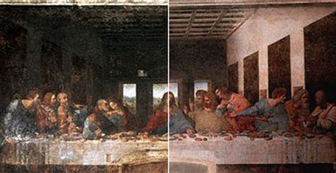 Immagini comparative del Cenacolo prima e dopo i restauri, evidenziando il recupero dei dettagli.