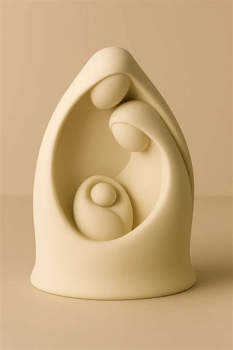Natività stilizzata in gesso, moderna, con figure grigie e Gesù bambino bianco luminoso