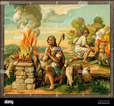 illustrazione biblica di Caino agricoltore e Abele pastore