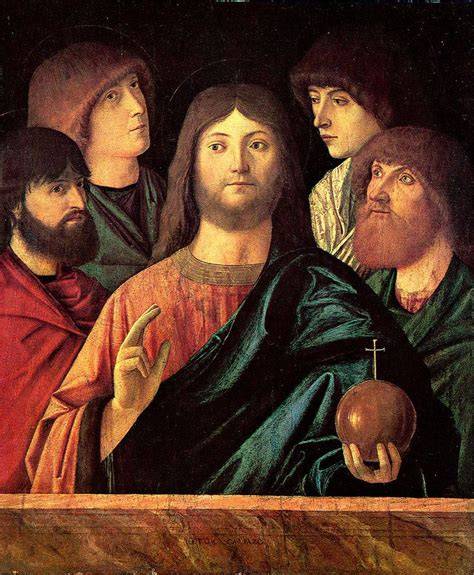 Il Redentore benedicente tra quattro apostoli, olio su tavola