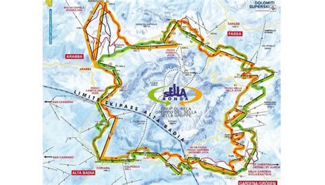 Mappa del circuito Sellaronda che evidenzia i quattro passi dolomitici e i collegamenti tra le valli