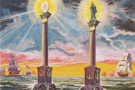 Illustrazione del sogno delle due colonne di Don Bosco: la nave della Chiesa ancorata all'Eucaristia e a Maria Ausiliatrice