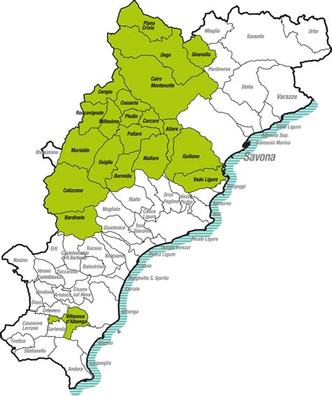 Mappa dell'entroterra savonese con evidenziati i comuni di Altare e Mallare