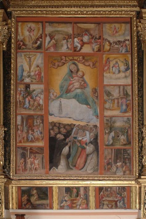 Illustrazione storica o iconografia classica della Madonna del Rosario e dei fedeli in preghiera