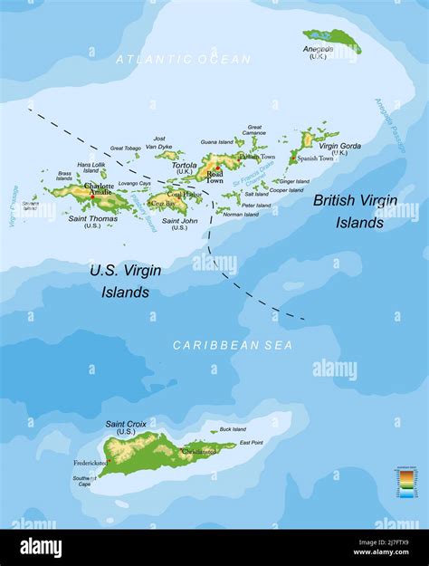 Mappa dettagliata delle Isole Vergini, evidenziando le divisioni tra British Virgin Islands e US Virgin Islands