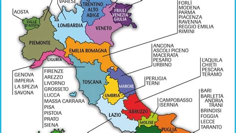 Mappa dell'Italia con evidenziate le regioni e le province con la maggior concentrazione di istituzioni scolastiche elencate.