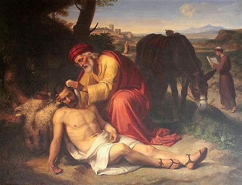 Dipinto della Parabola del Buon Samaritano che assiste l'uomo ferito