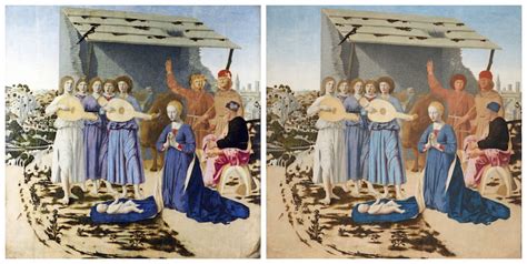 Foto della Natività di Piero della Francesca prima e dopo il restauro