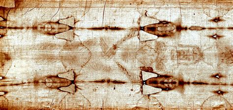 Fotografia della Sacra Sindone che mostra l'immagine frontale e dorsale dell'Uomo della Sindone impressa sul lino