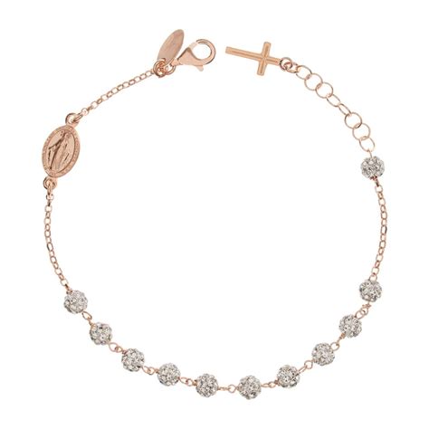 Foto ravvicinata di un bracciale rosario in argento rosato con sfere sfaccettate
