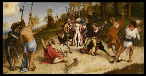 Tavoletta della predella: Lapidazione di Santo Stefano di Lorenzo Lotto