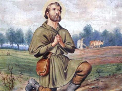 illustrazione di Sant'Isidoro l'agricoltore che prega mentre gli angeli lavorano i campi