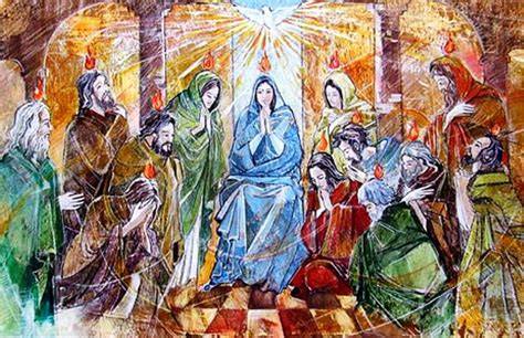 Rappresentazione pittorica della Pentecoste, con fiamme rosse che scendono sugli Apostoli