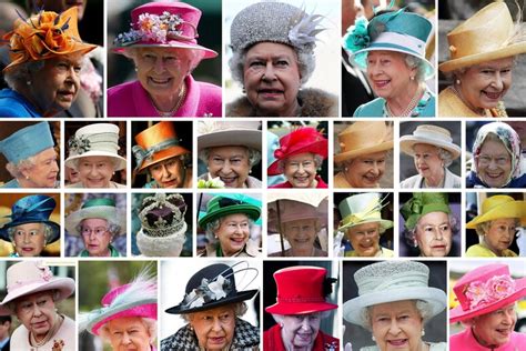 Infografica che mostra l'evoluzione dei modelli di cappelli della Regina Elisabetta nei decenni