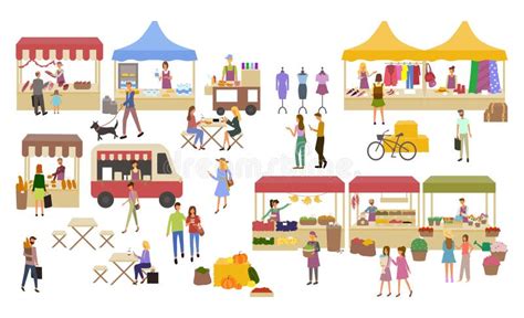 Illustrazione di un mercato all'aperto con banchi mobili e venditori itineranti