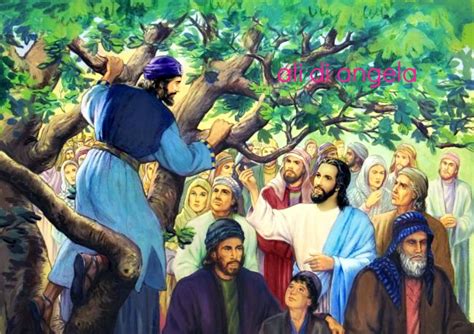Illustrazione della scena evangelica di Gesù che incontra Zaccheo sull'albero di sicomoro.