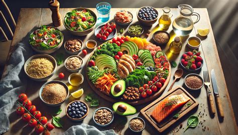 Tavola imbandita con cibi sani e bilanciati adatti a diverse esigenze dietetiche