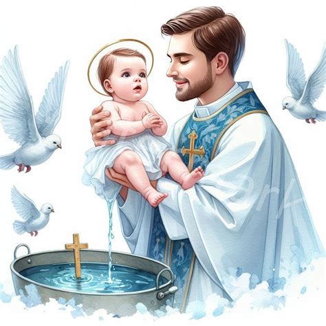 illustrazione di un battesimo, con elementi religiosi e festivi