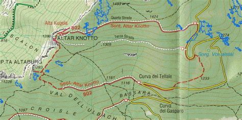 Mappa schematica del percorso escursionistico con punti di interesse come Altar Knotto, Altaburg e Alta Kugela