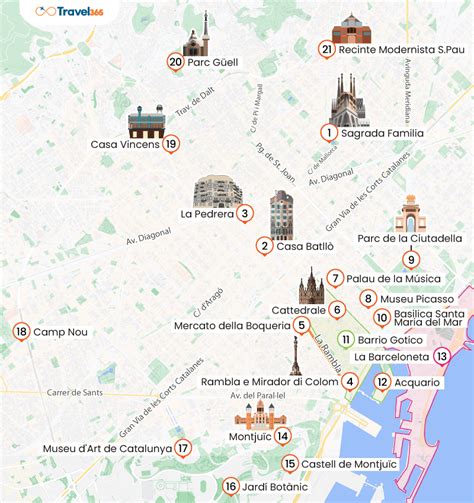 Infografica con mappa dei luoghi visitati a Barcellona