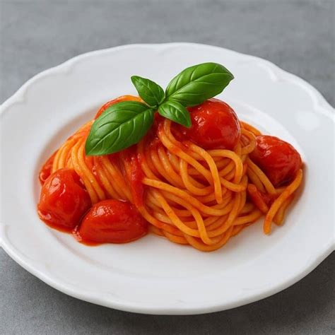 Foto di un piatto di linguine al pomodoro fresco e basilico guarnito con foglie di basilico
